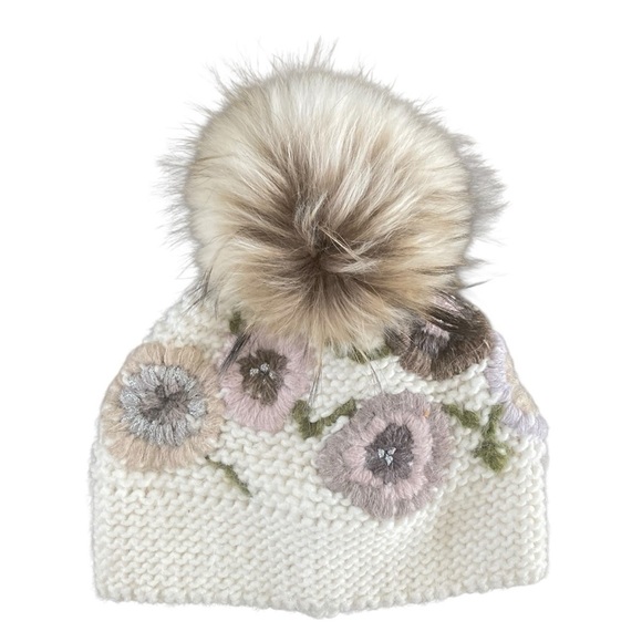 Cintelli & Galluzzo Floral Knit Hat Wool Alpaca Raccoon Fur Pom Made in Italy main image 8